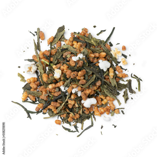 Heap of Genmaicha, Japanese tea isolated on white background photo