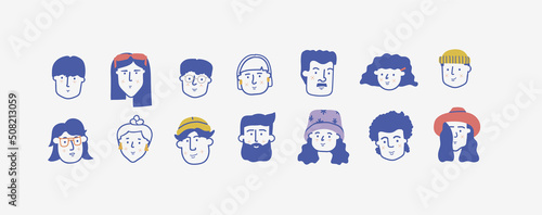 Profile icon set in hand drawn cartoon style. Heads with different emotions and haircuts. Avatar pack for website or mobile app design. Diversity people portrait vector pictures. Isolated characters.