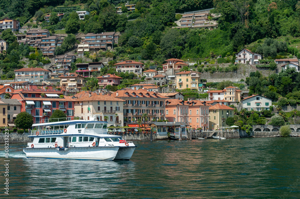 Tourist ship on Lake Maggiore in front of Cannero Riviera in northern Italy