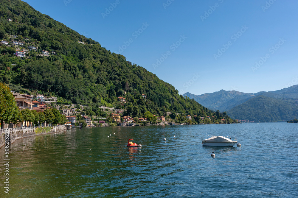 Landscape and banks of Lake Maggiore near Cannero Riviera in Northern Italy