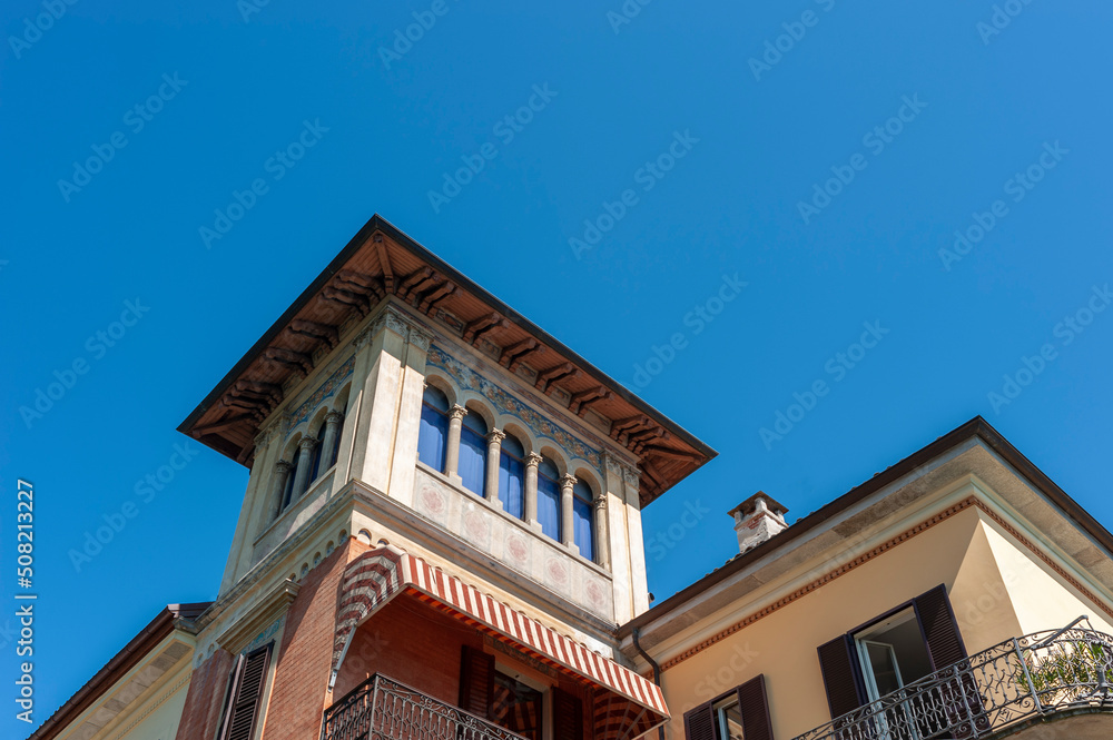 Facade detail of a historic villa on the shore of Lake Maggiore in Cannero Riviera in Northern Italy