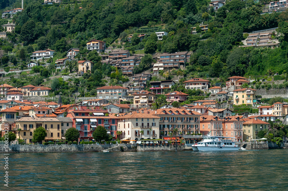 Lake Maggiore and cityscape of Cannero Riviera in Italy