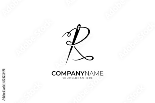 Unique and creative logo concept sewing needle and thread forming letter R, flat design style, simple and line art, black color on white background