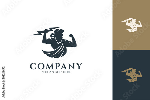 zeus logo holding thunder, silhouette design style, flat, masculine, mature and luxury with several different color preview and background