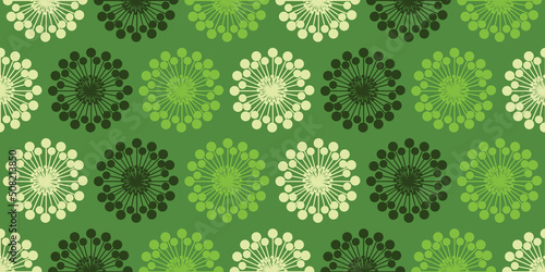 Rows of Colorful Large Flowers Pattern, Colored in Various Shades of Green - Retro Style Texture, Background, Design Element in Editable Vector Format