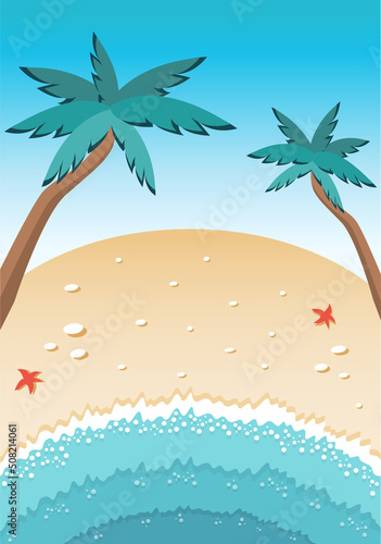 Sandy beach with palm trees. Drawn in cartoon style. Vector illustration for designs, prints, patterns. Summer landscape in the background
