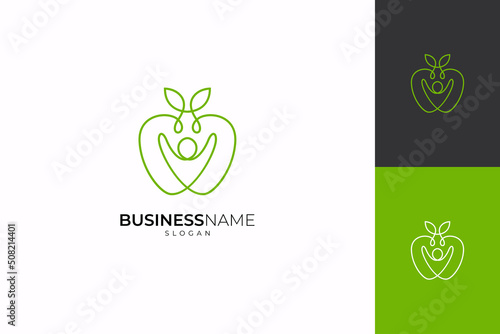 Apple fruit and people logo, continuous line design style, great for health icon templates, healthy food, body nutrition, diet menu and fruit shop
