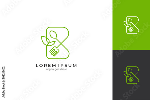 Letter B logo with spoon, fork and leaf, continuous line design style, great for restaurant icon templates, healthy food, body nutrition, diet menu and natural products without preservatives