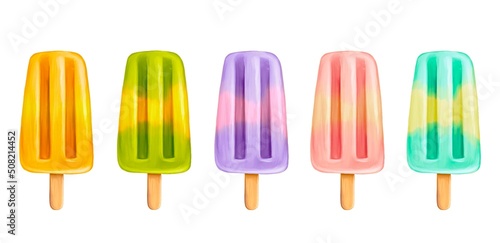 Set of multicolour ice cream on stick or popsicle  with gradient in orange  yellow  purple  pink and turquoise colors isolated on white background. Summer collection of beautiful sweets for design