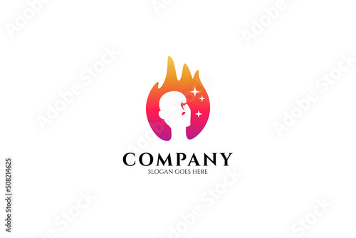 Fire flame and human head logo, brainstorming, brilliant idea and smart think vector icons