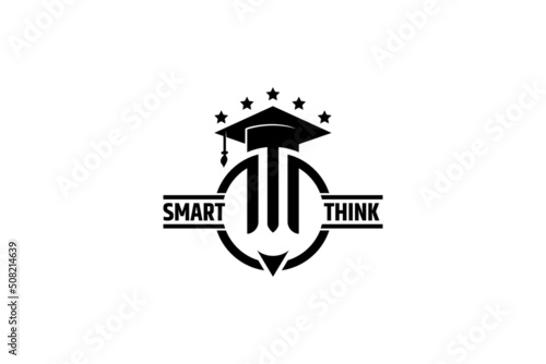 Smart think logo, toga and pencil with five stars decoration, great for education, school, university and science