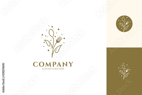Plant or tree logo with cutlery, simple line art design style, organic food, healthy diet menu, restaurant and natural food products
