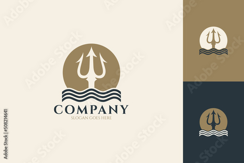 Trident and waves logo on sun or moon background, flat design style in gold, blue and white colors