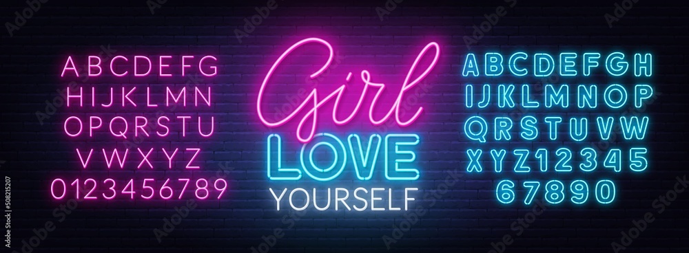 Girl Love Yourself neon quote on a brick wall. - obrazy, fototapety, plakaty 