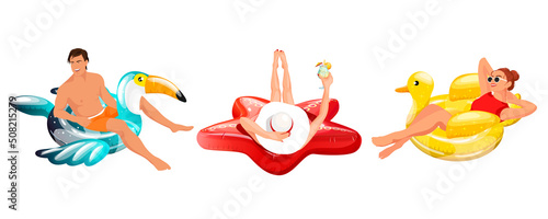 Set images of young people, men, women with inflatable swimming circles. Man, woman with inflatable circle, ring, float in form of animal, bird for swimming in water pool, sea. Vector illustration