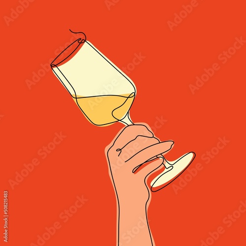 Continuous Line drawing of Hand that holding Wine Glass. Continuous color one Line drawing. Perfect as a wall art decoration. Vector illustration.