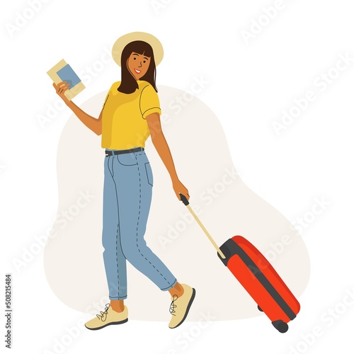 Young Woman with a Suitcase goes on vacation. Girl with a Suitcase and a passport with boarding pass tickets. Travel concept, flat vector illustration.
