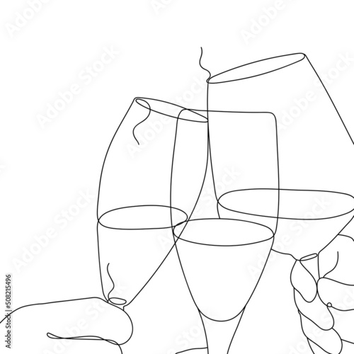 Continuous single Line drawing of Glasses of with Wine. People Clink Glasses of drinks. Minimalist linear concept of celebrate and cheering. Vector illustration.