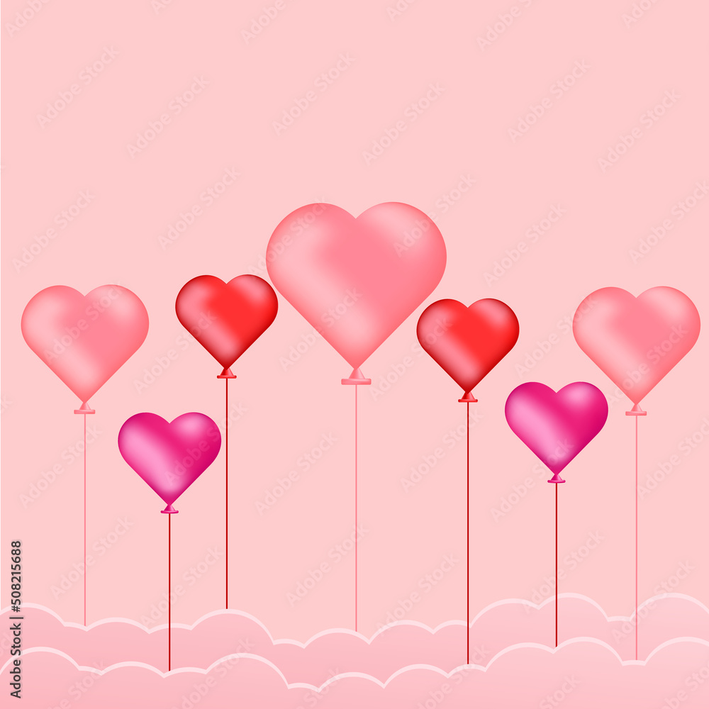 happy birthday card, banner, happy valentine day, 3d heart balloons, pink background, wedding
