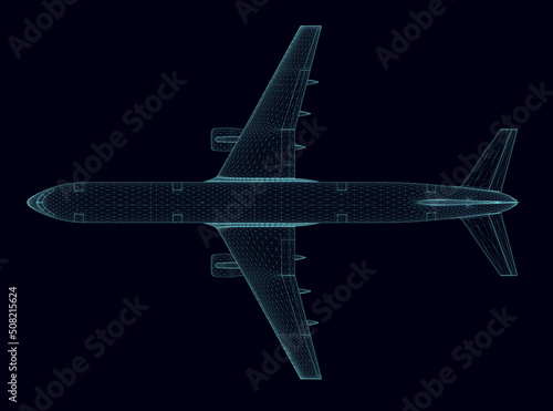 Passenger aircraft wireframe from blue lines isolated on a dark background. View from above. 3D. Vector illustration.