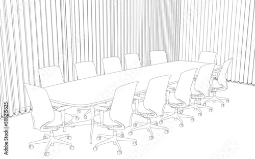 The contour of the meeting room with a large oval table and chairs near it from black lines isolated on a white background. Vector illustration.
