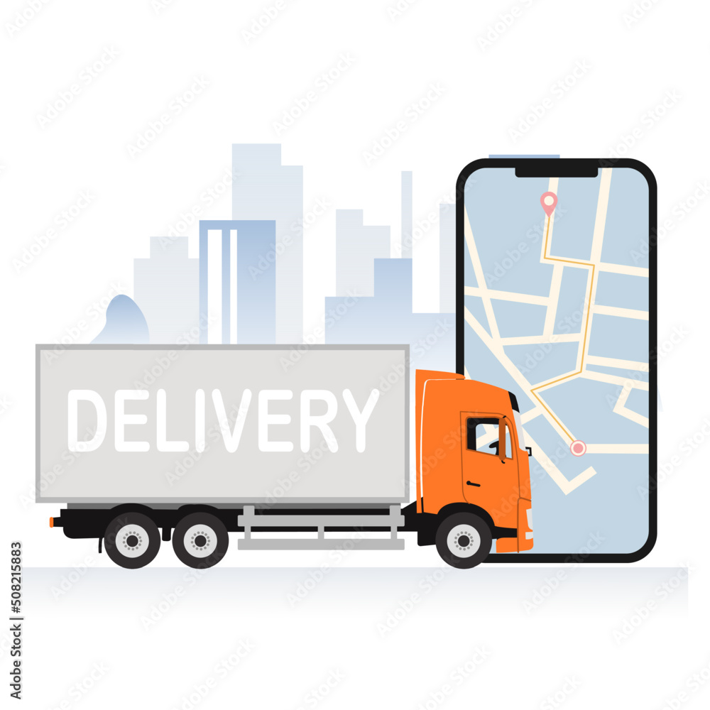 Delivery van with boxes. Phone with map. Express delivery services commercial truck in the city. Isolated vector illustration