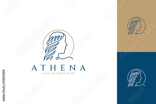 Athena luxurious line art logo, Elegant greek or roman woman head icon vector photo
