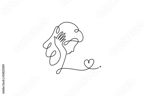 Continuous line vector of a pensive woman with heart shape decoration, girl in love logo