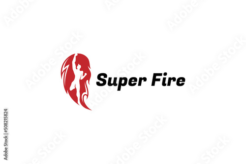 Super fire logo, fire with flying superhero silhouette, red flat design style