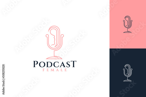 Podcast female logo, microphone combination with women head or face in linear design style