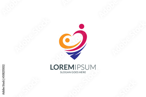 Abstract heart or love logo with two people icon, flat design style with multiple colors, great for medical clinic, human social relationship, family health care, adoption and charity foundation