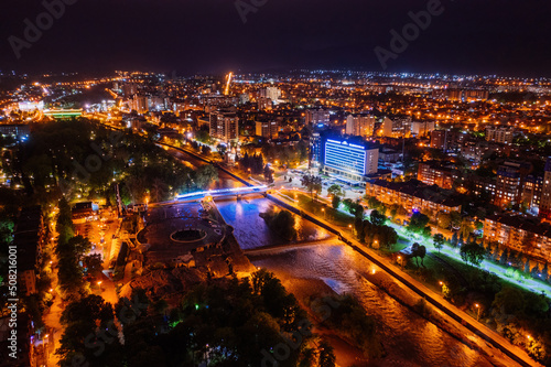 Vladikavkaz, capital of North Ossetia at night. Panorama from drone flight