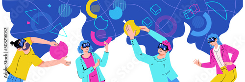 People in VR digital glasses interacting in augmented reality and metaverse space with geometric shapes. Experience of metaverse or virtual reality, flat vector isolated on white background.