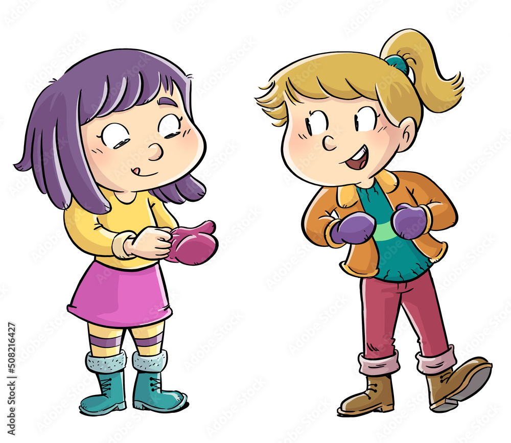 Illustration of little girls putting on gloves and winter clothes Illustration of little girls putting on gloves and winter clothes