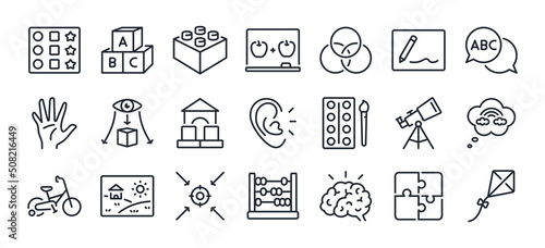 Preschool abilities and child development related editable stroke outline icons set isolated on white background flat vector illustration. Pixel perfect. 64 x 64. photo