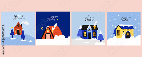 Winter houses postcard set. Cute homes in snow cards, forest cozy cottages with snowy roofs, christmas congratulation, xmas lettering text collection bright colors, vector cartoon flat isolated set