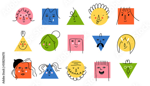 Doodle geometric people. Bright cute funny faces, social media user avatars, hipster man and woman portrait different emotions, contemporary human icons, square circle and triangle form vector set