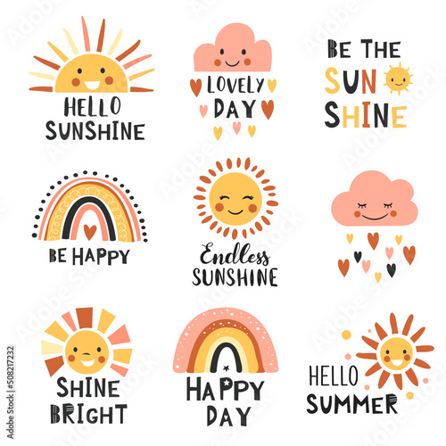 Summer collection with typographic design elements. Sun, rainbow, and clouds. Hand drawn vector illustration.