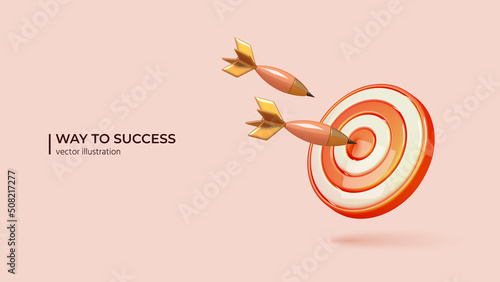 Dart arrow hit the center of target. Realistic 3d design of Business finance target, goal of success, target achievement concept in cartoon minimal style. Vector illustration