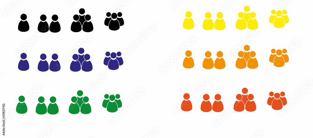 a set of multicolored pictographs of a person isolated on a white background, a user avatar icon, a set of silhouettes of people, single and group chat, communication