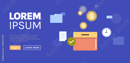 Moneybox and investing fund savings, saving coins, donation concept flat vector illustration.
