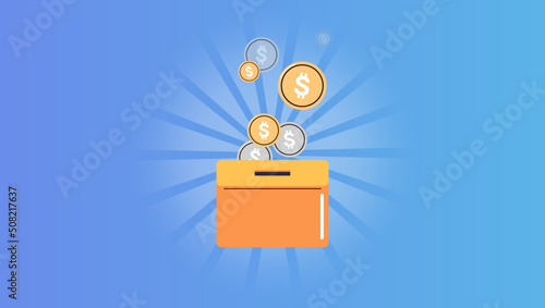 Moneybox and investing fund savings, saving coins, donation concept flat vector illustration.