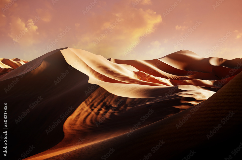 Panorama of sand dunes Sahara Desert at sunset. Endless dunes of yellow sand - obrazy, fototapety, plakaty 
