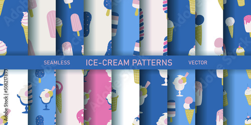 Set of seamless vector ice cream patterns. Collection of food repeat backgrounds for fabric, textile, wrapping, cover etc.