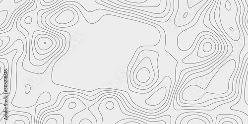 Background of topographic line contour map, geographic grid map with space for copy. Black and white topography map art curve drawing. Ultra wide size. Vector illustration. 
