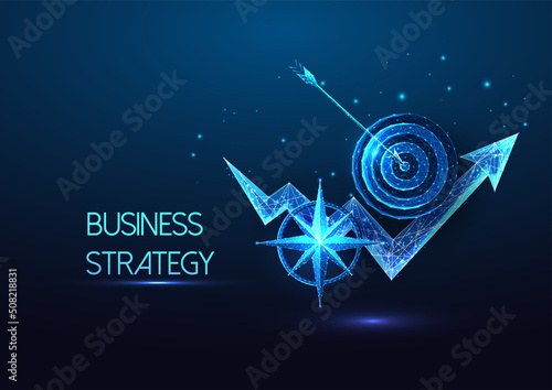 Futuristic business strategy, goals concept with glowing low poly growth chart, compass, and target