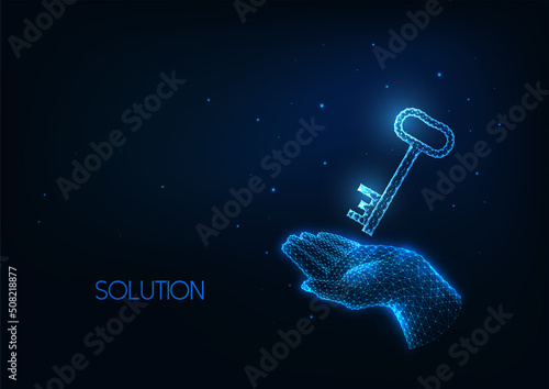 Futuristic smart solution, business success concept with glowing hand holding a key on dark blue