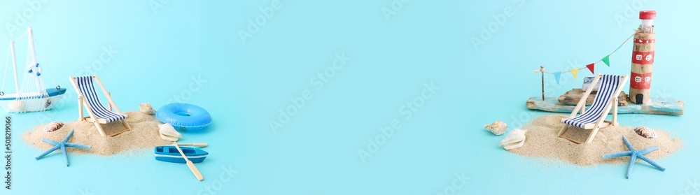 Fototapeta premium holidays image of tropical sea and beach chairs. Summer travel and vacation concept