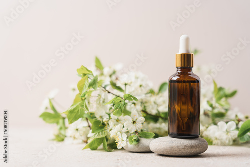 Glass dropper bottle and blossoming tree branches on beige background. Skincare products , serum, natural cosmetic. Beauty concept for face and body care