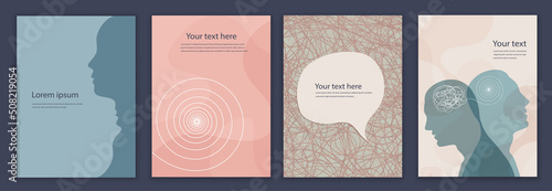 Metaphor bipolar disorder mind mental. Template set. Leaflet brochure. Double face. Split personality. Concept mood disorder. 2 Head silhouette. Psychology. Mental health.Poster copy space
